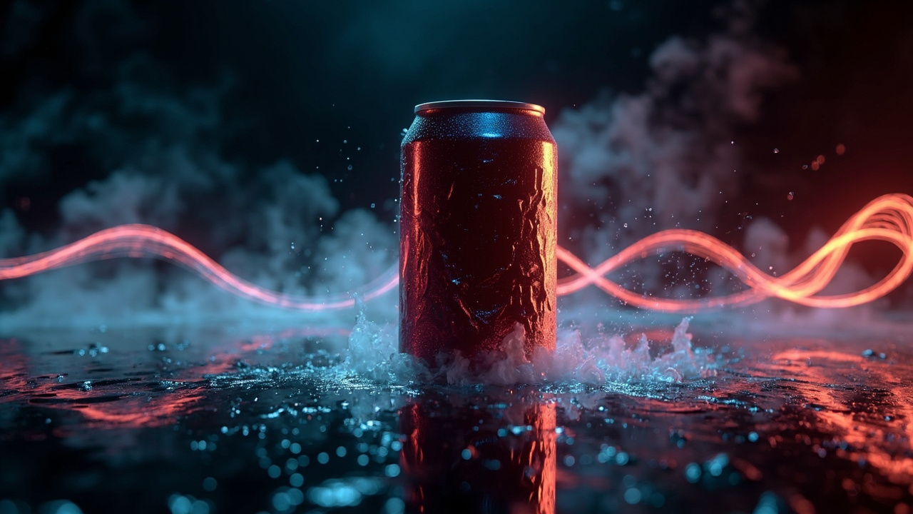 Futuristic red soda can in vapor and fiber-optic light