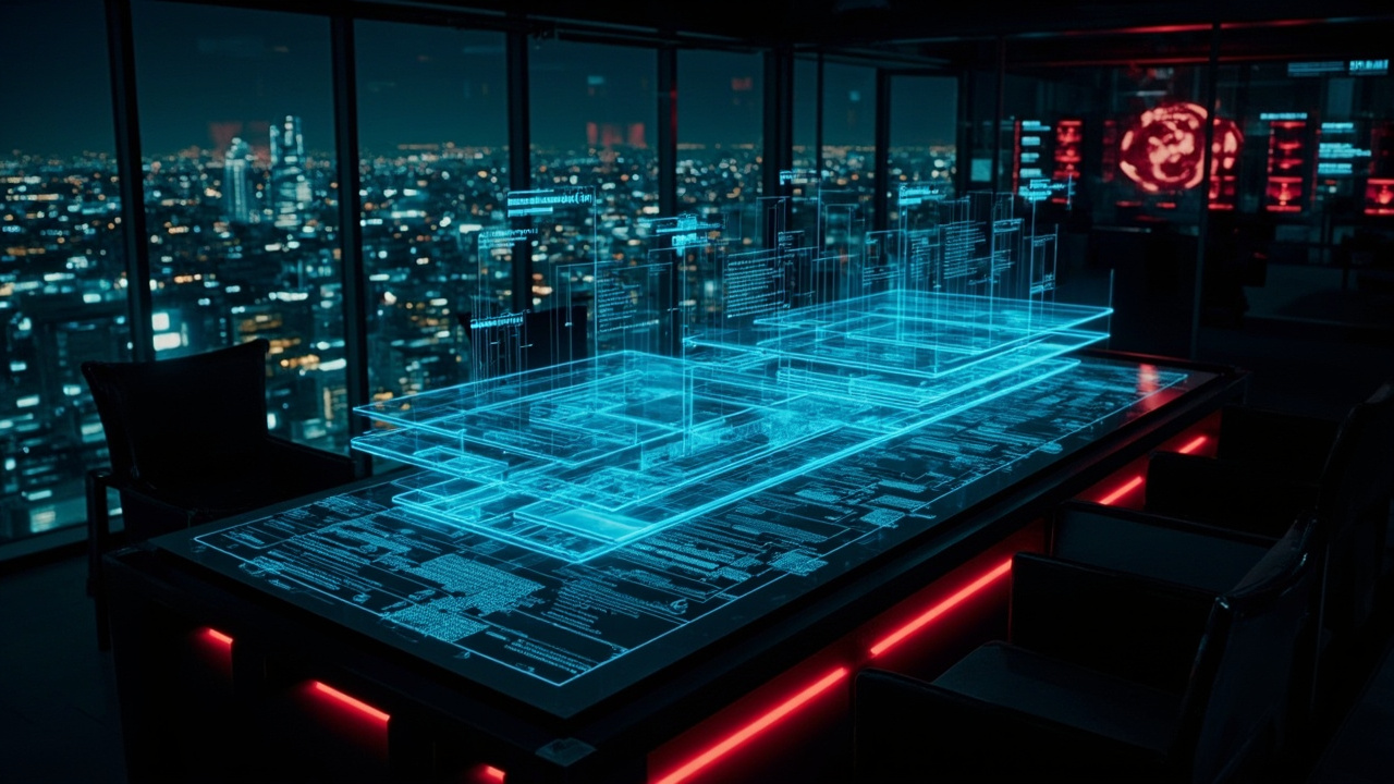 Holographic layered strategy table in a night hospitality war room