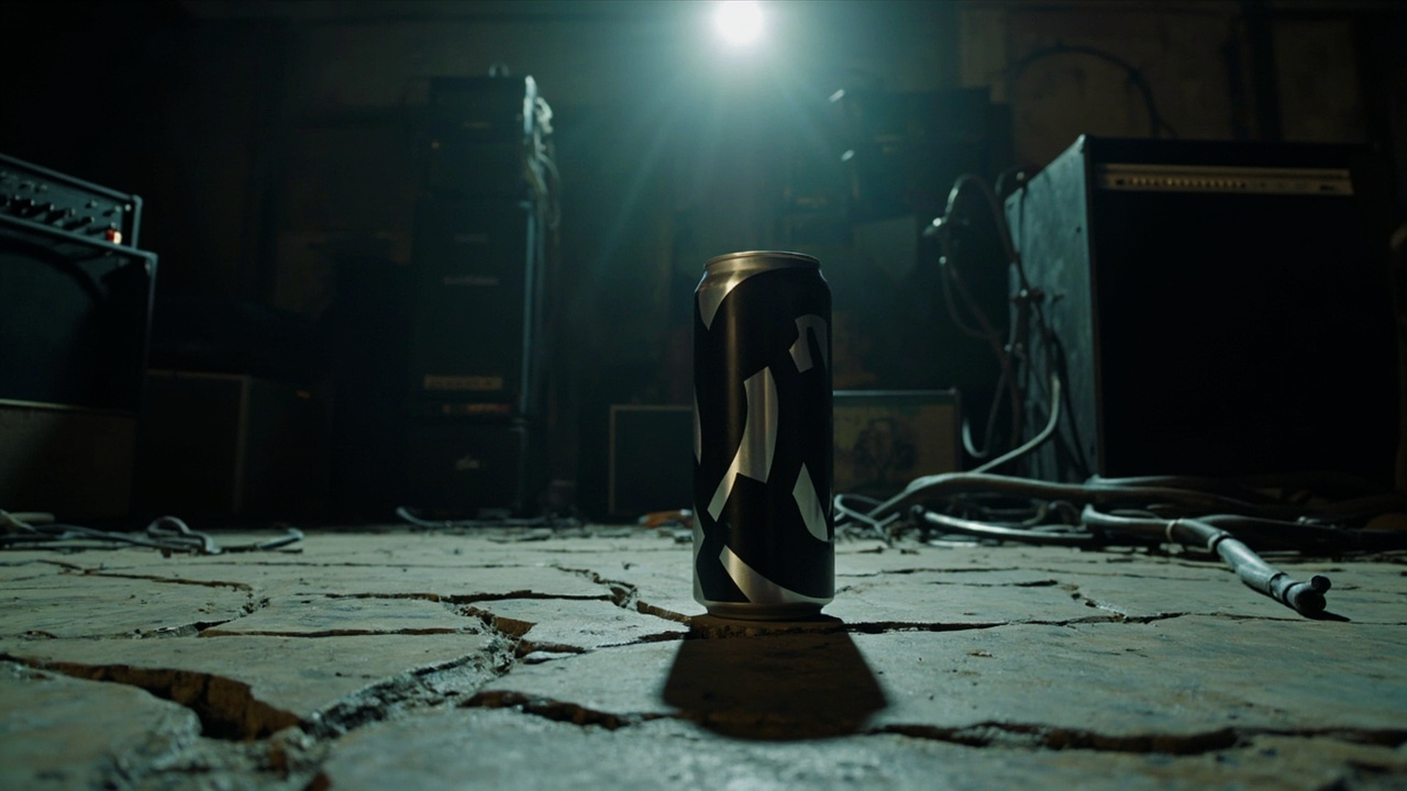 Tall-boy can on a cracked warehouse floor among guitar amps