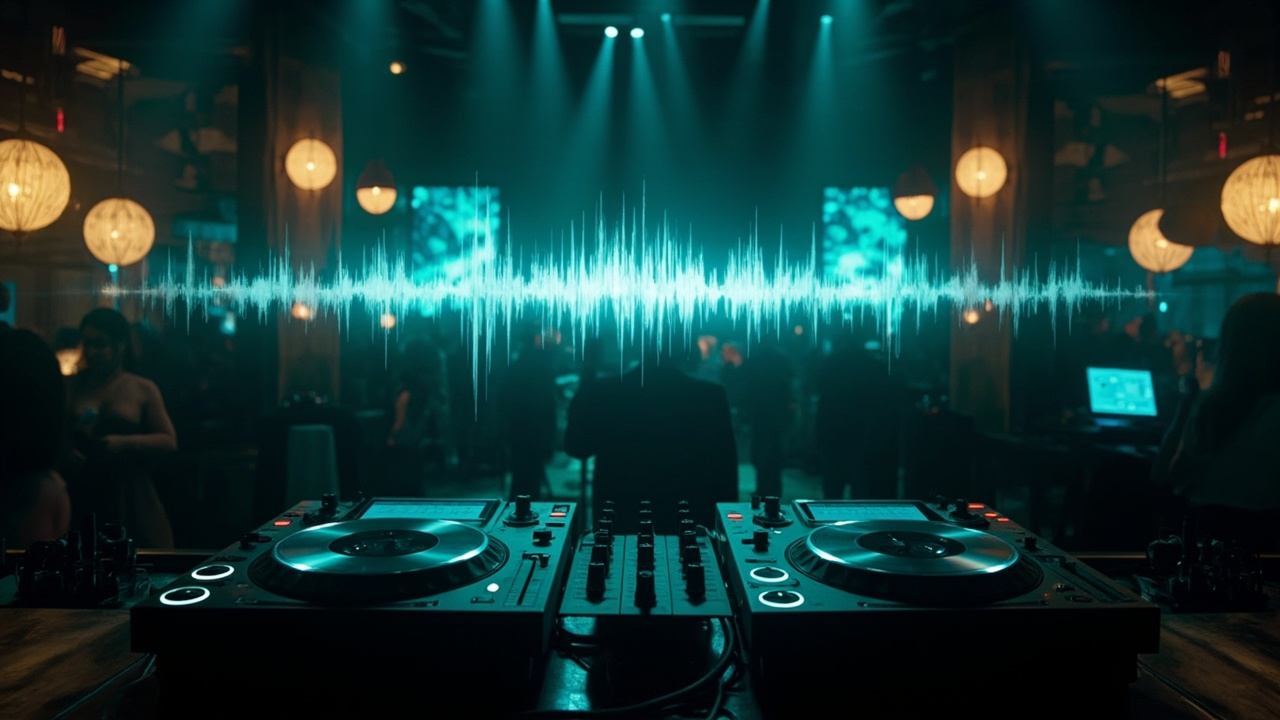 DJ booth with a spectral voice waveform hovering over the mixer