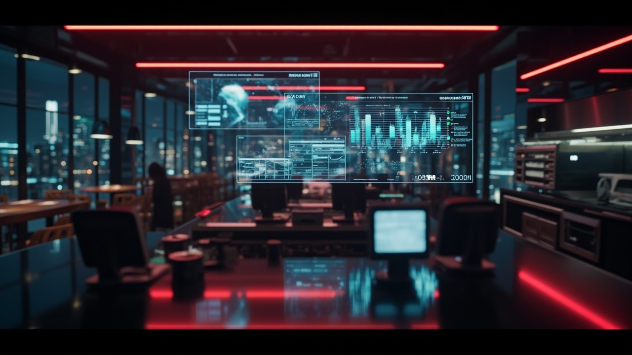 Late-night restaurant command center with POS terminals and hospitality AI dashboards